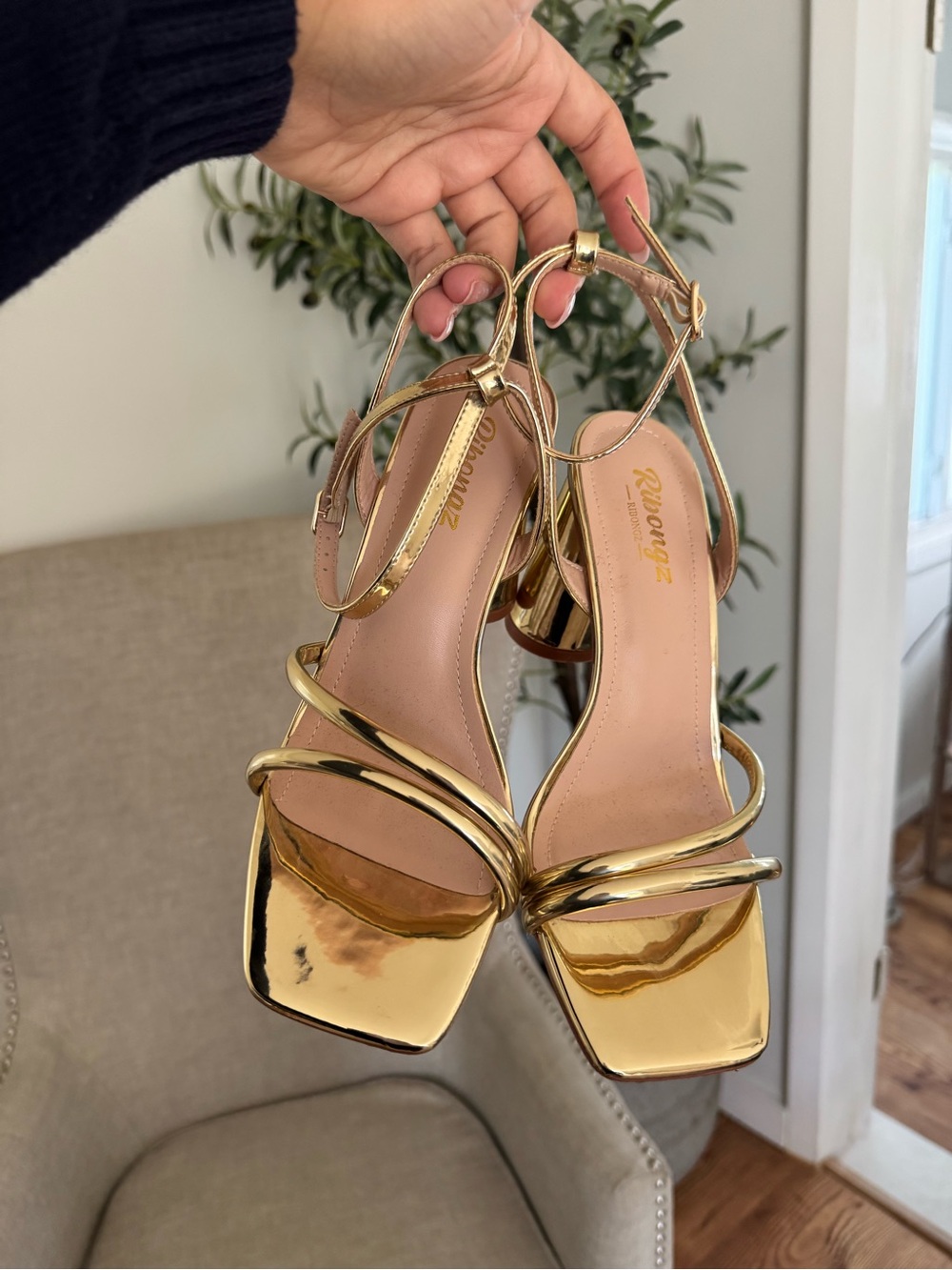 Ribongz Gold Strappy Block Heel Sandals for Women